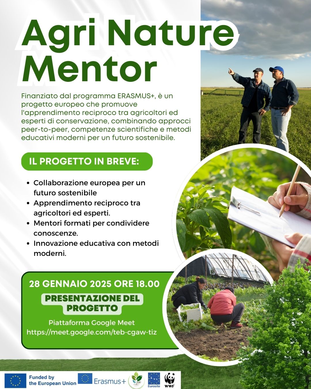 Locandina della presentazione di un corso Erasmus+ denominato AGRI-NATURE-MENTOR: un progetto europeo per unire agricoltura e conservazione della natura 